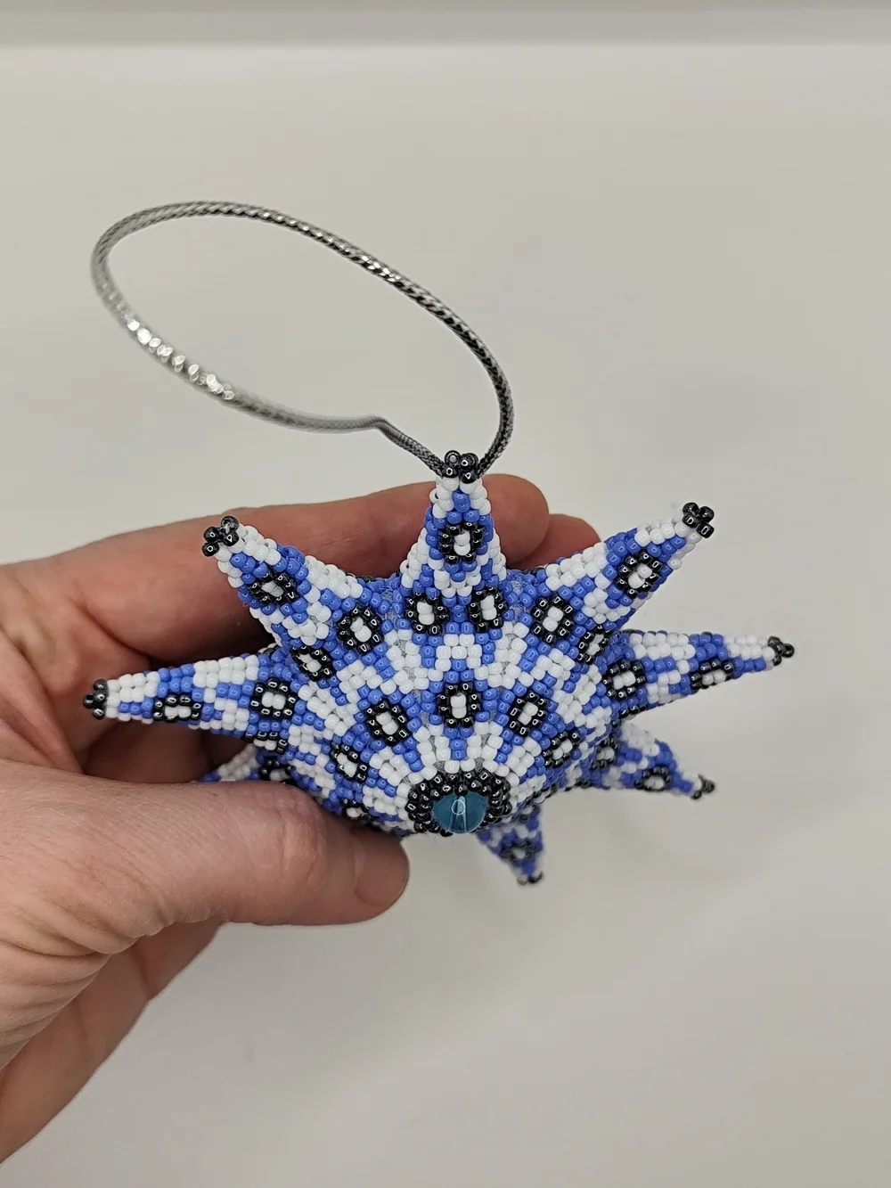 Beaded Starburst Ornament in Blue, White & Black - Holiday Hanging Decoration